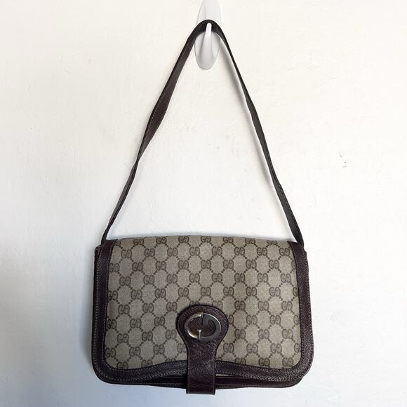 Vintage Gucci Bag Shoulder Purse Brown Monogram Logo Tan 70s 80s Flap - Picture 4 of 16